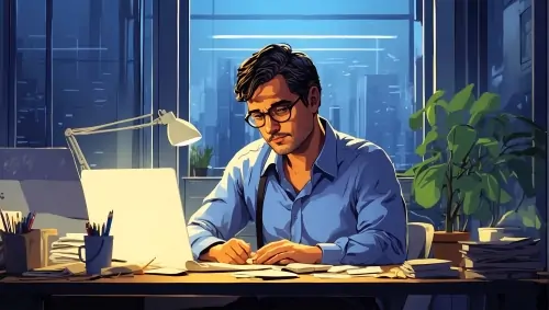 Jovem de óculos e camisa azul estudando