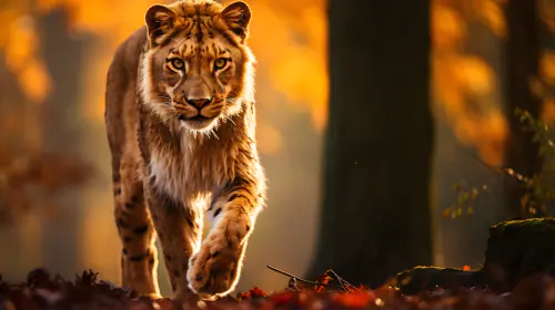 Tiger na floresta de outono durante um amanhecer nebuloso